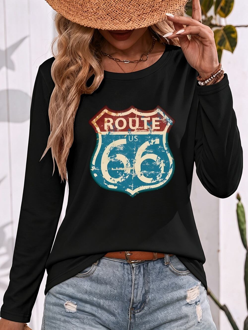 Route 66 Women's Crew Neck Long Sleeve T-Shirt XL Black 100 Years Mother Hwy
